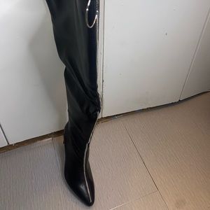 Black Onyx Thigh-High Zipper Faux Leather Boots - Nadia X FTF
